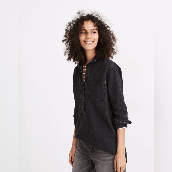 NWT Madewell Denim Popover Top Long Sleeve in Black Wash Size Small - Picture 13 of 14